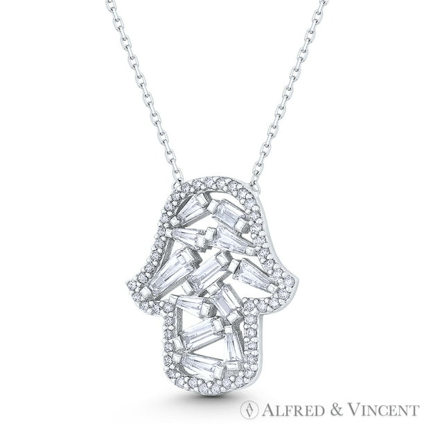 Pink Opal & Cubic Zirconia Hand of Hamsa .925 Sterling Silver Pendant Necklace Pink Opal & Cubic Zirconia Hand of Hamsa .925 Sterling Silver Pendant Necklace